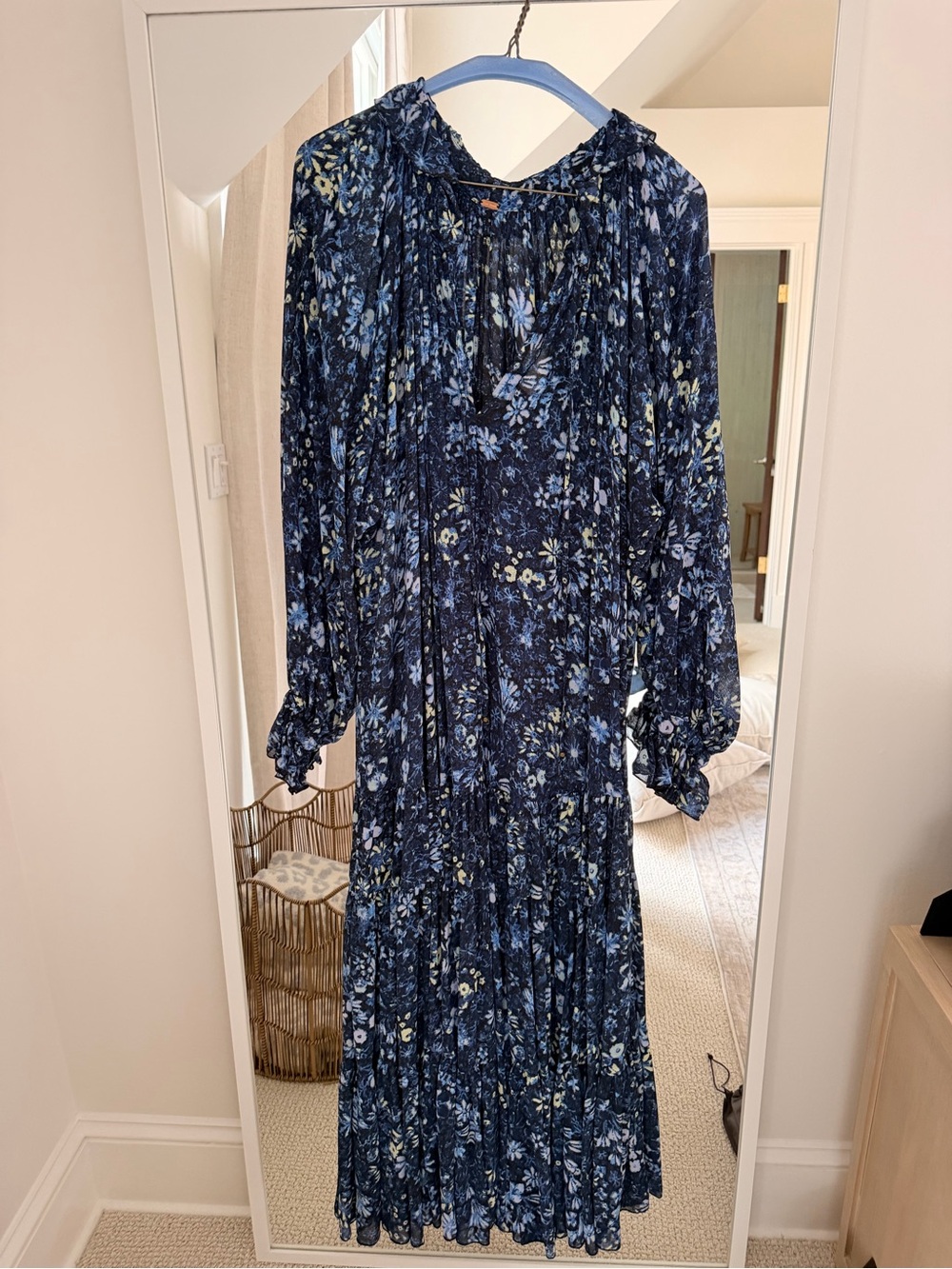 Free People Floral Pleated Maxi Dress | Navy Blue Long Sleeve Boho | Size L